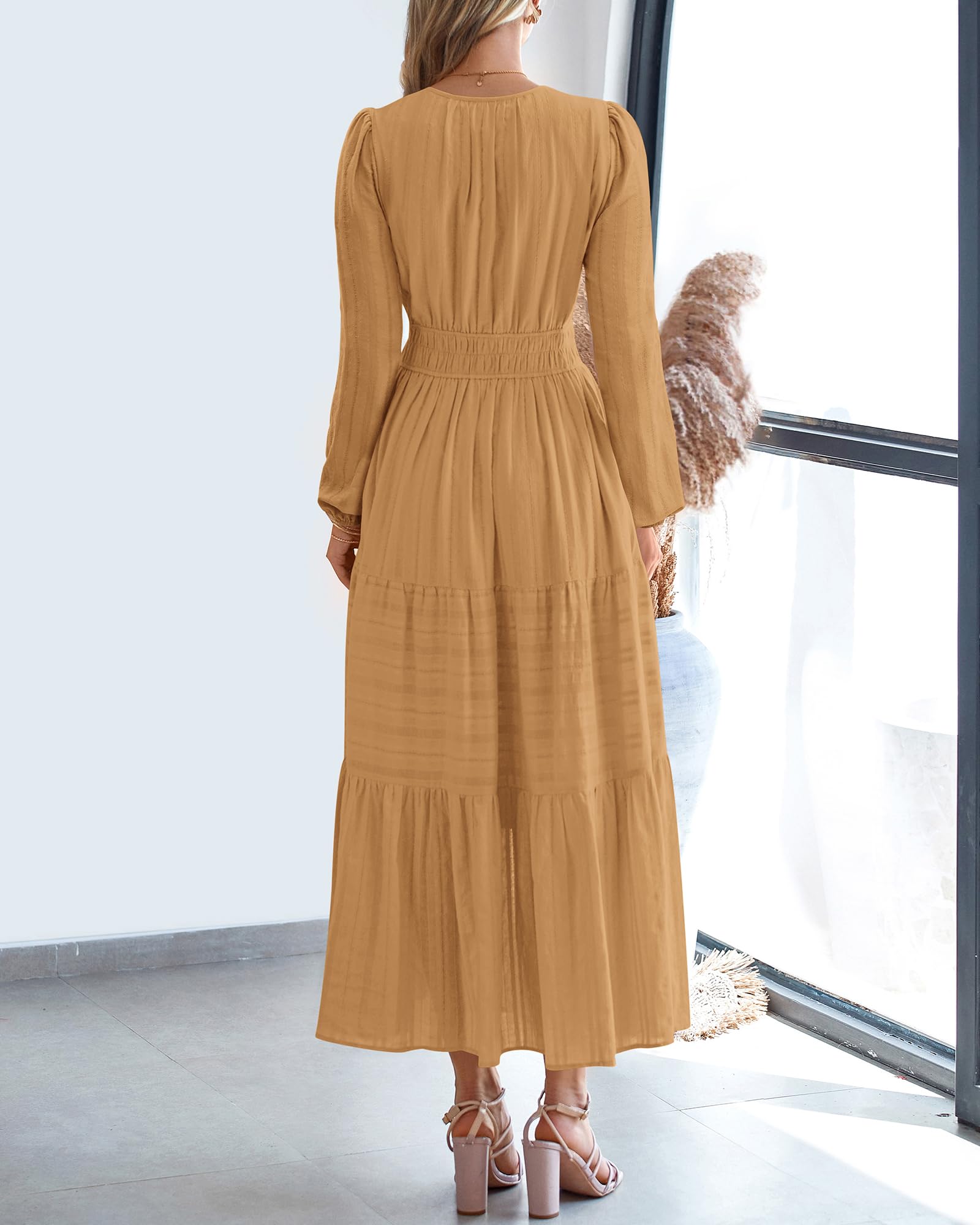 BTFBM Spring Dresses for Women 2026 Casual Long Sleeve V Neck Elastic Waist Lightweight Maxi Wedding Guest Dress Pockets