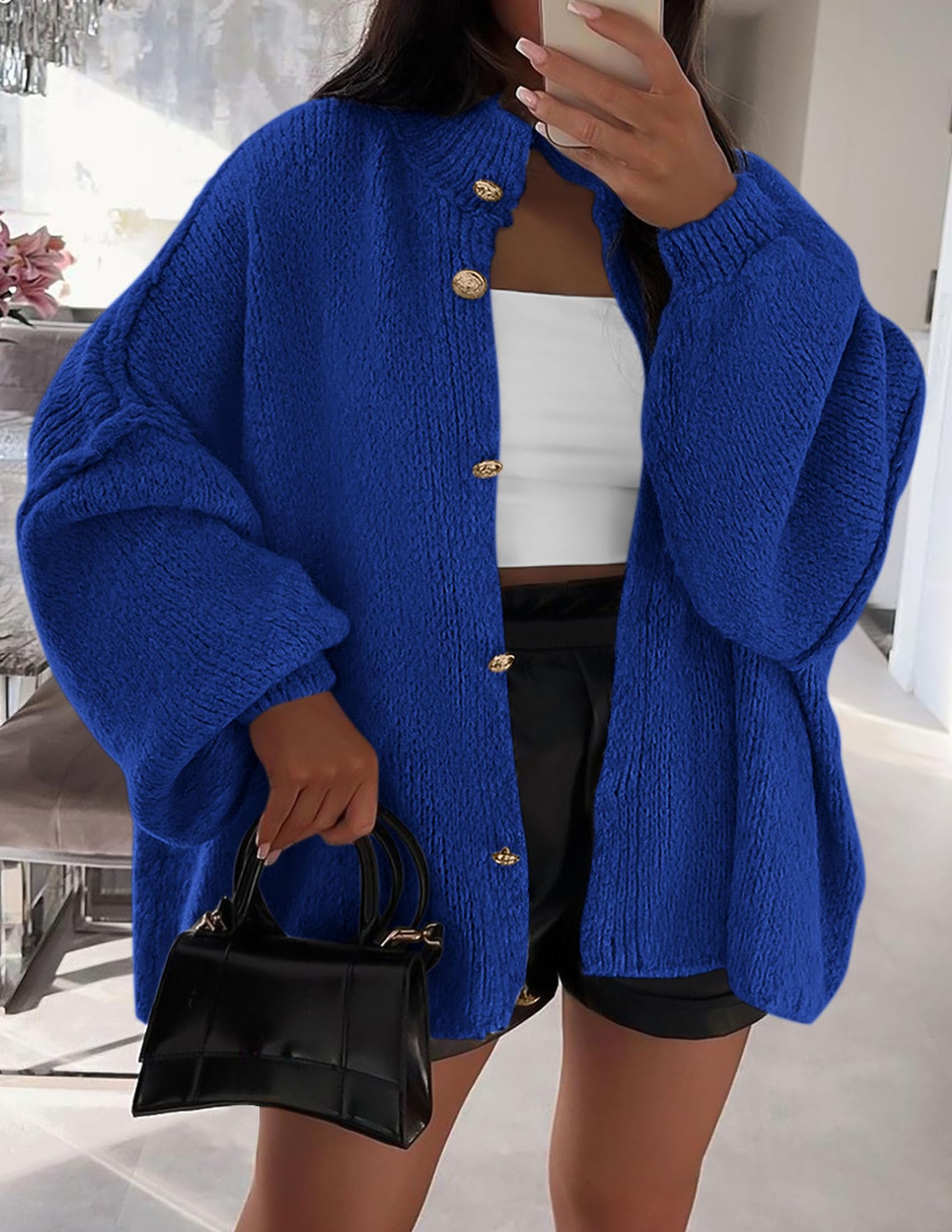 PRETTYGARDEN Women's Winter Button Down Cardigan Sweaters Mock Neck Lantern Long Sleeve Chunky Knit Jacket Trendy Outerwear