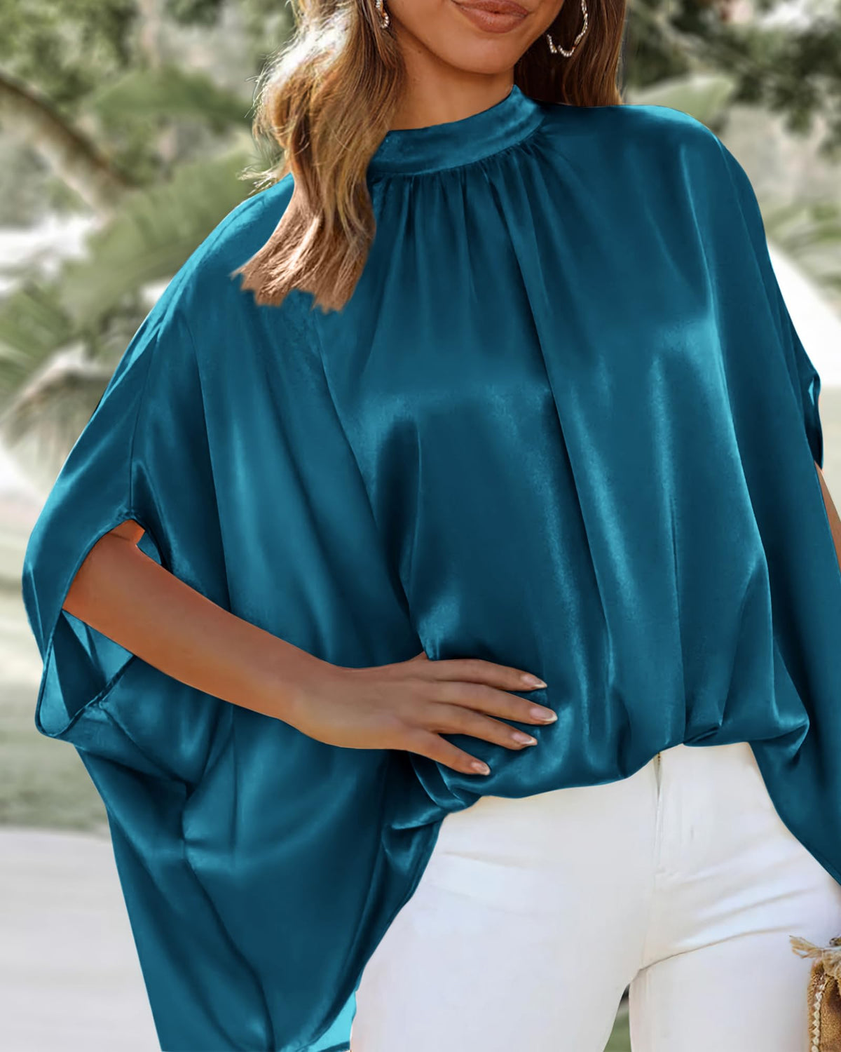 BTFBM Womens Summer Tops Mock Neck Batwing Sleeve Silk Satin Shirts Loose Oversized Dressy Casual Spring Blouses