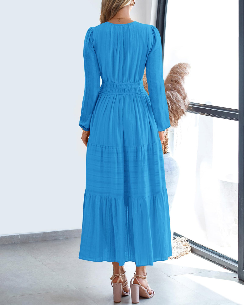 BTFBM Spring Dresses for Women 2026 Casual Long Sleeve V Neck Elastic Waist Lightweight Maxi Wedding Guest Dress Pockets
