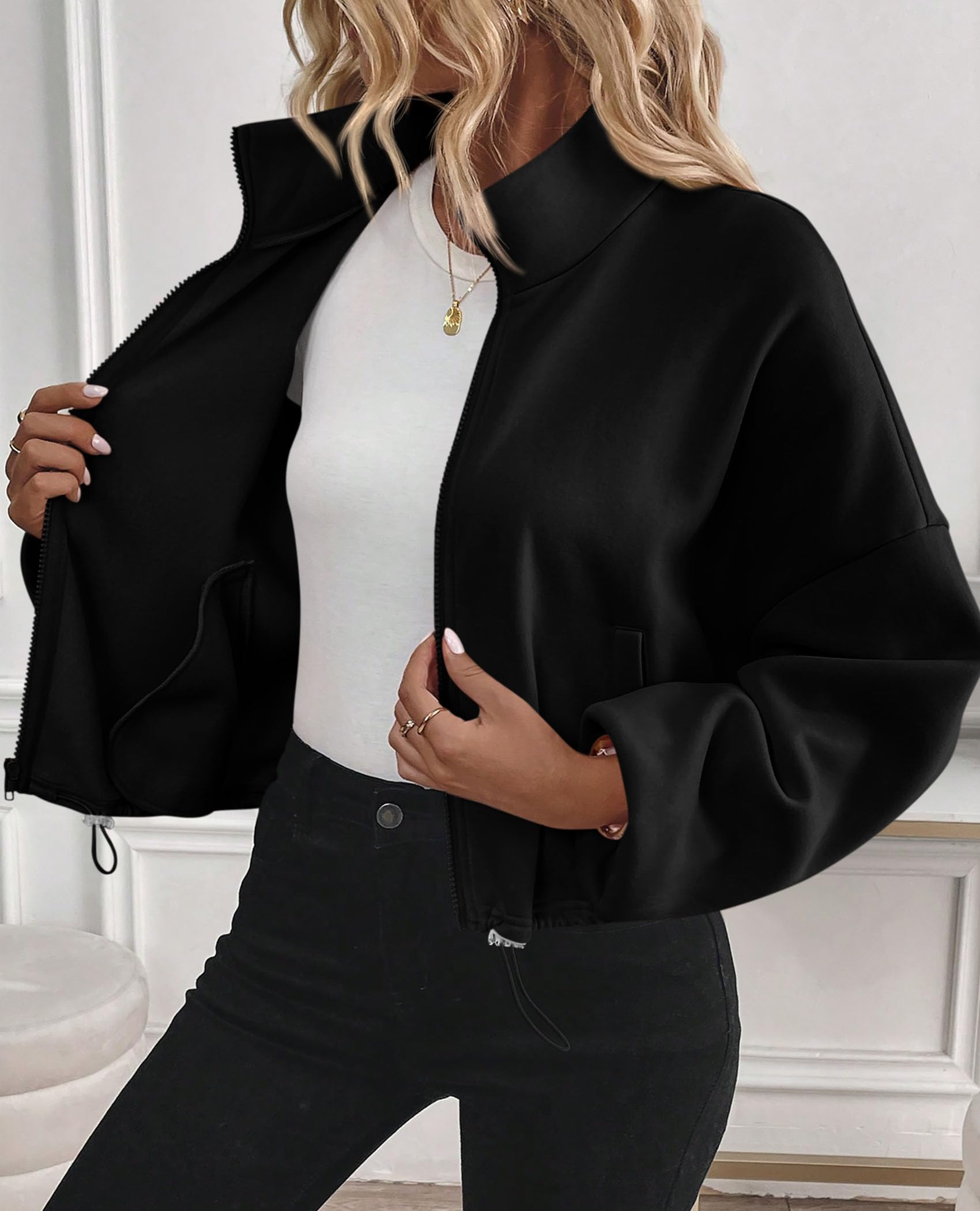 PRETTYGARDEN Womens Zip Up Fleece Cropped Sweatshirt Jacket Oversized Loose Soft Stand Collar with Drawstring Hem, Long Sleeve Casual Coat With Pockets, Fall Outfits Winter Clothing