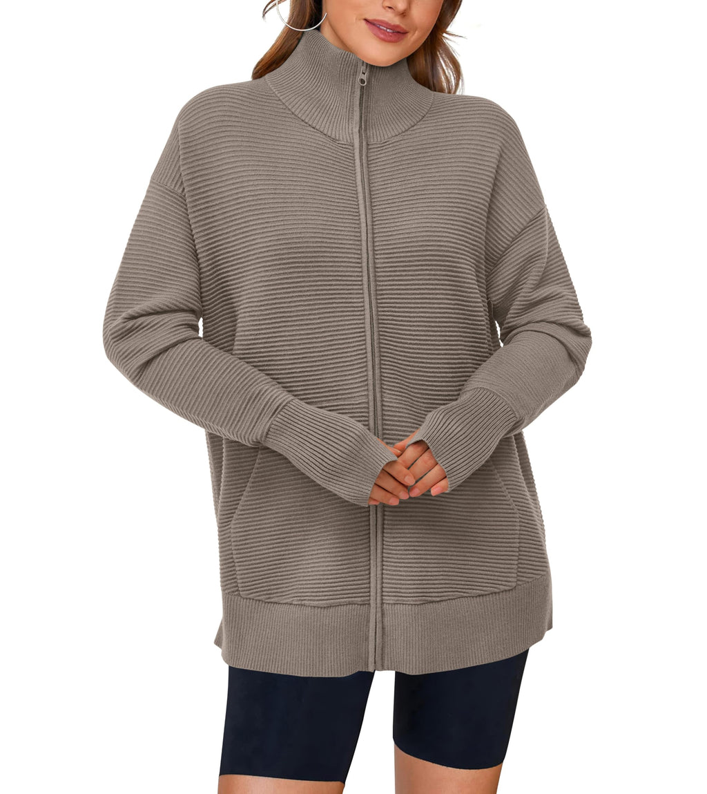 PRETTYGARDEN Womens Fall Long Sleeve Zip Up Cardigan Sweaters Casual Loose Collared Ribbed Knit Tops Jackets Thumb Hole