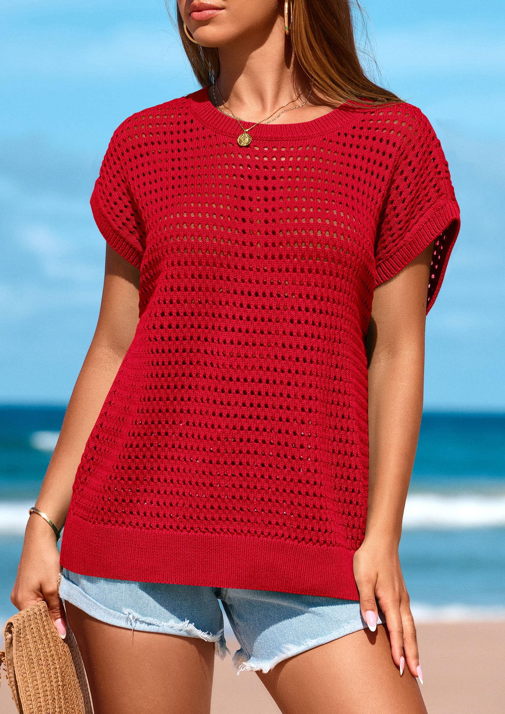 PRETTYGARDEN Womens Spring Tops Summer Shirts Crochet Cap Sleeve Sweater Pullover Cute Beach Vacation Clothes