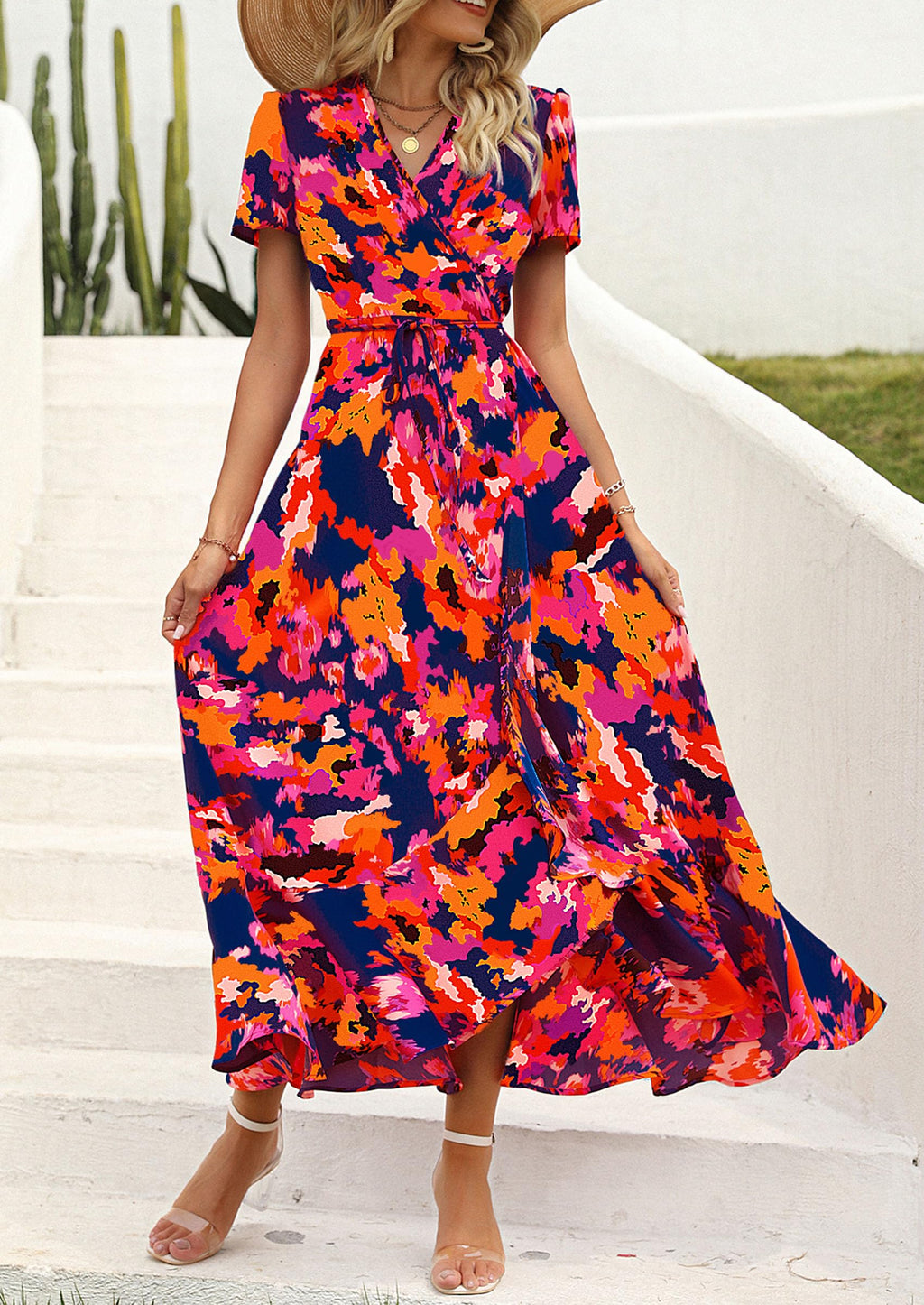 PRETTYGARDEN Women's Summer Maxi Dress Casual Wrap Floral Boho Short Sleeve V Neck Split Ruffle Beach Long Dresses