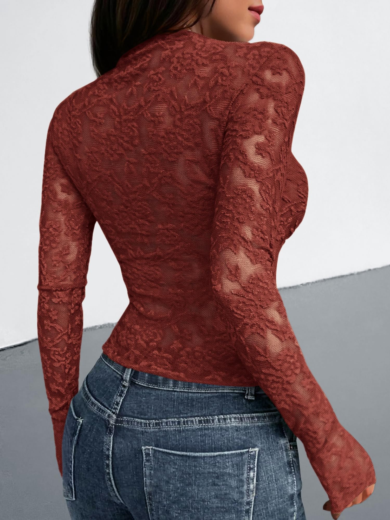 BTFBM Mesh Long Sleeve Tops for Women Lace Sheer Tight See Through Crew Neck Spring Fall Party Club Outfits