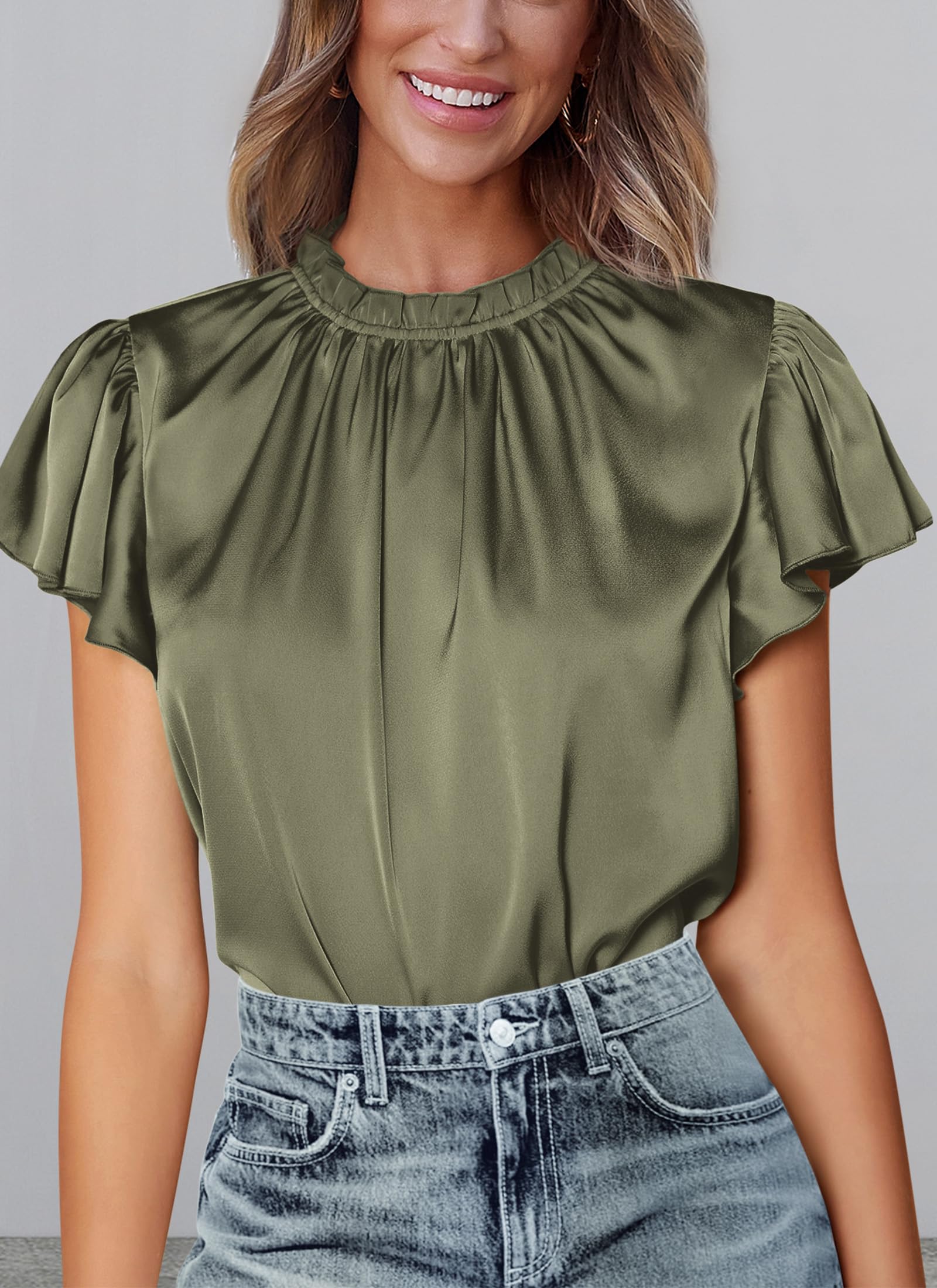 PRETTYGARDEN Business Casual Tops for Women Blouses Dressy  Summer Short Sleeve Ruffle Satin Work Office Attire