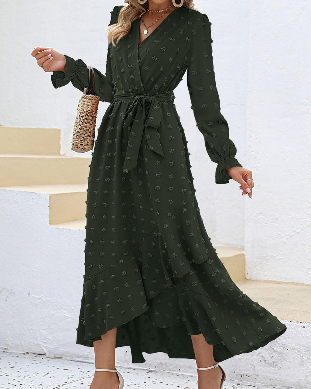 FreshPretty Long Sleeve Maxi Dresses for Women V Neck Swiss Dot Boho Flowy Slit Cocktail Wedding Guest Dress Fall Clothes