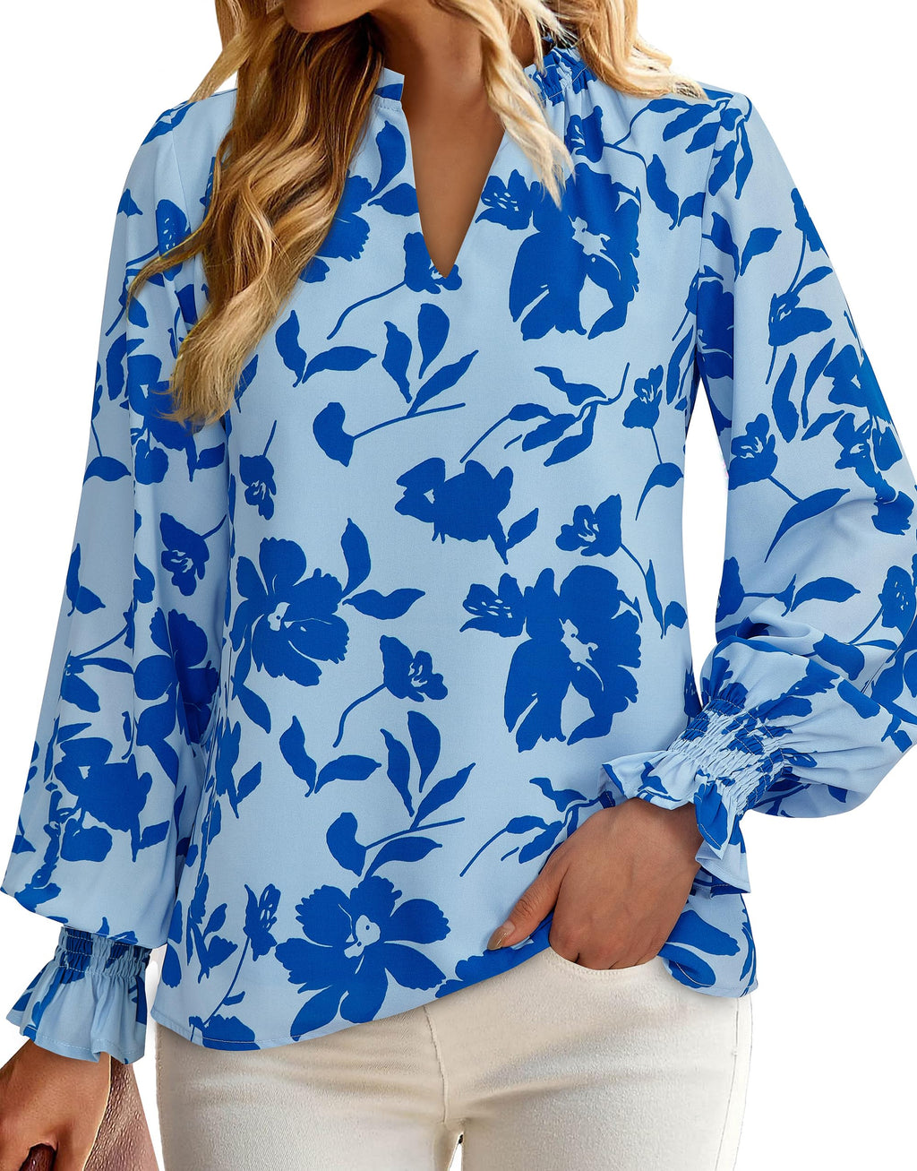 FreshPretty Womens V Neck Floral Long Sleeve Tops Summer Casual Loose Puff Sleeve Chiffon Boho Work Blouse Dressy T Shirts
