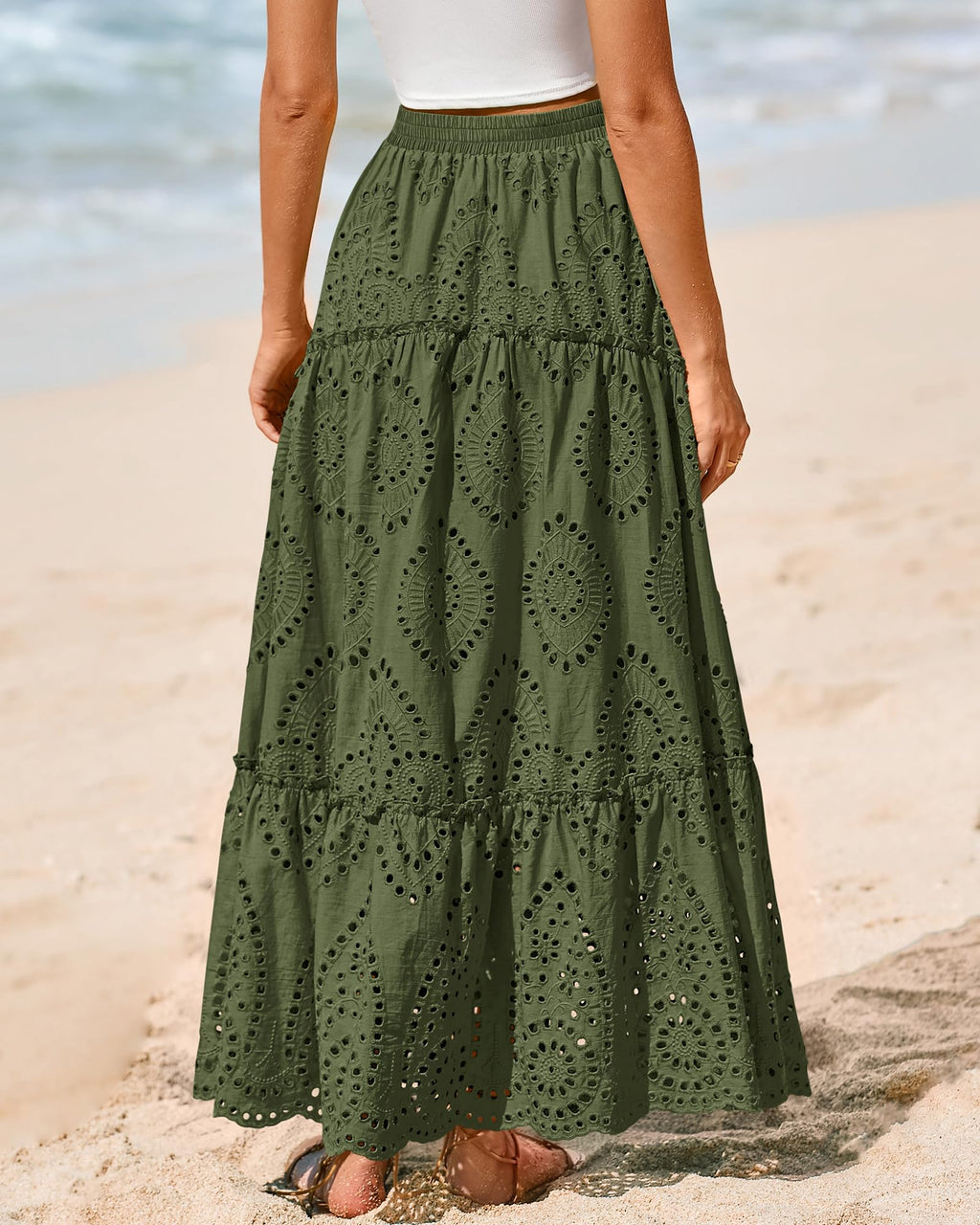 BTFBM Long Skirts for Women Summer Boho Lace Embroidery High Waist Flowy Tiered Spring Maxi Skirt Beach Vacation