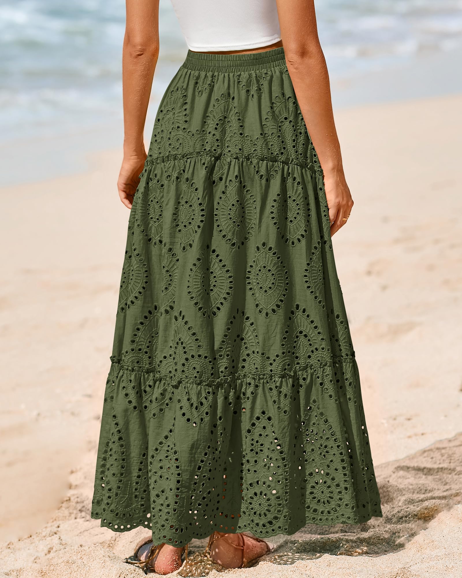 BTFBM Long Skirts for Women Summer Boho Lace Embroidery High Waist Flowy Tiered Spring Maxi Skirt Beach Vacation