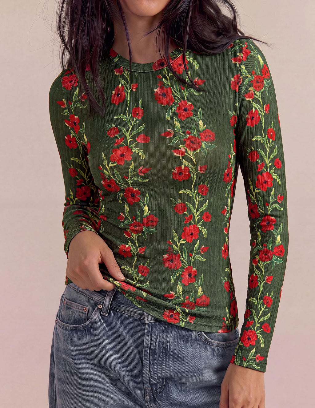 PRETTYGARDEN Womens Long Sleeve Shirts Floral Y2K Tops Soft Lightweight Ribbed Knit Top,Fitted Waist,Crew Neck Slim Fit,Going Out Vacation Outfits,Layering Fall Winter Clothes