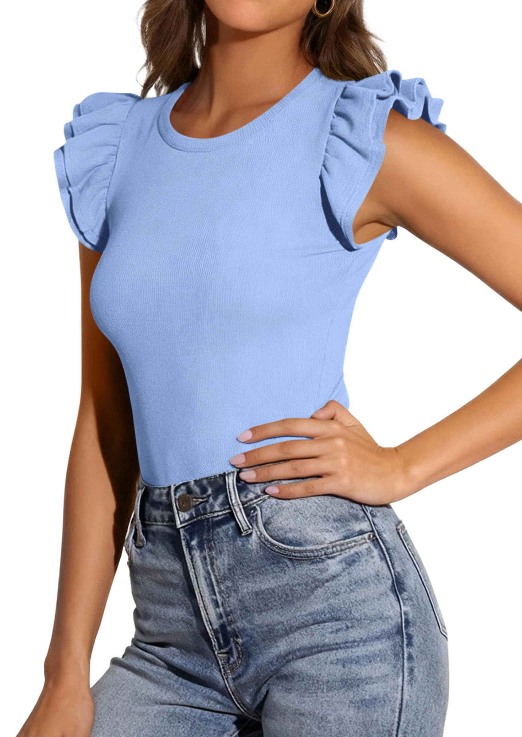 PRETTYGARDEN Womens Summer Crew Neck T Shirts Trendy Ruffle Sleeve Slim Fit Knit Going Out Tops Casual Spring Clothes
