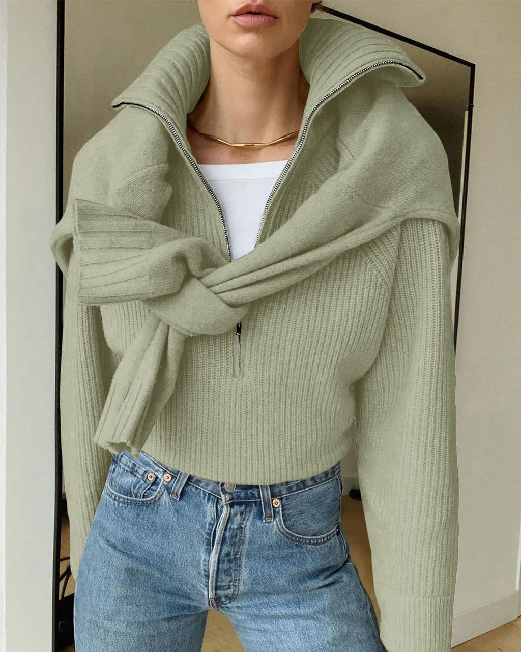 FreshPretty Womens Sweaters Quarter Zip Pullover V Neck Collar Long Sleeve Ribbed Knit Loose Casual Winter Fall Sweater