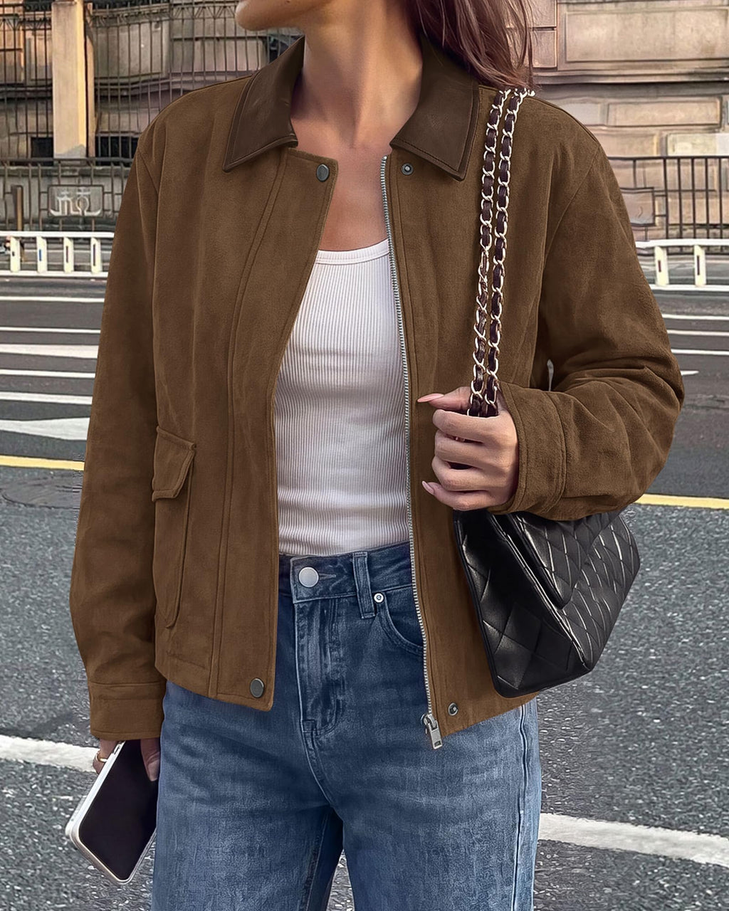 BTFBM Faux Suede Jacket Women Leather Lapel Zip Up Fall Outfits Button Down Long Sleeve Outerwear With Flap Pockets, Early Winter Coats, Motorcycle Jackets, Western Country Concert Outfits