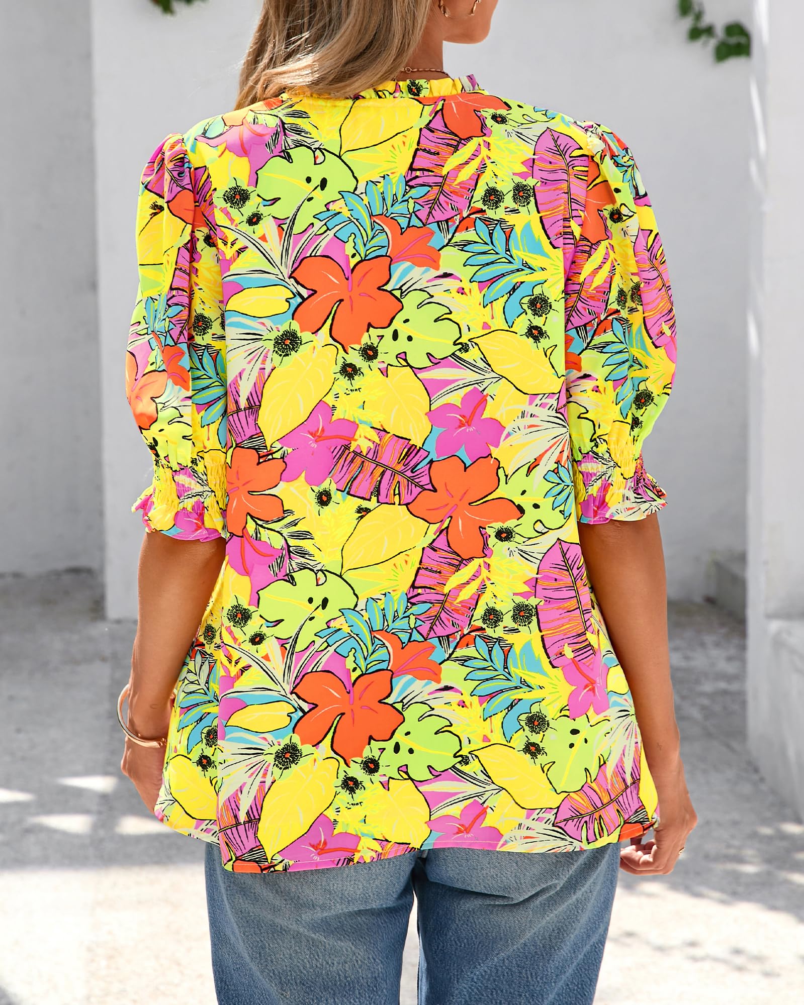 BTFBM Summer Blouses for Women Dressy Casual Fashion Spring Tops Floral Boho V Neck Puff Short Sleeve Top Shirts