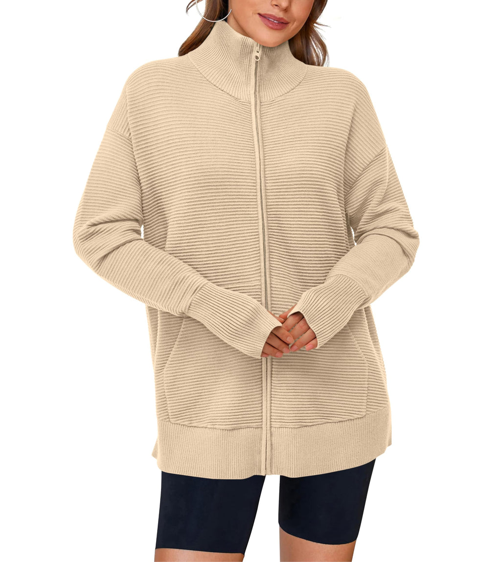 PRETTYGARDEN Womens Fall Long Sleeve Zip Up Cardigan Sweaters Casual Loose Collared Ribbed Knit Tops Jackets Thumb Hole