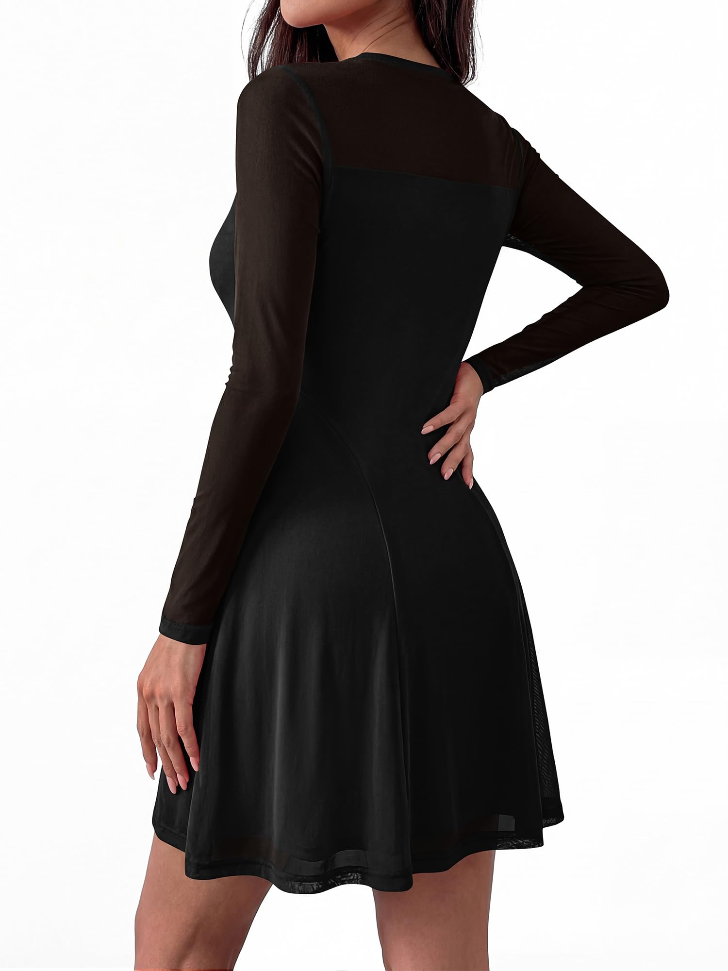 BTFBM Women’s Mini Dress Sheer Mesh Long Sleeve Crew Neck Flowy A Line Casual Cocktail Party Going Out Dresses Fall