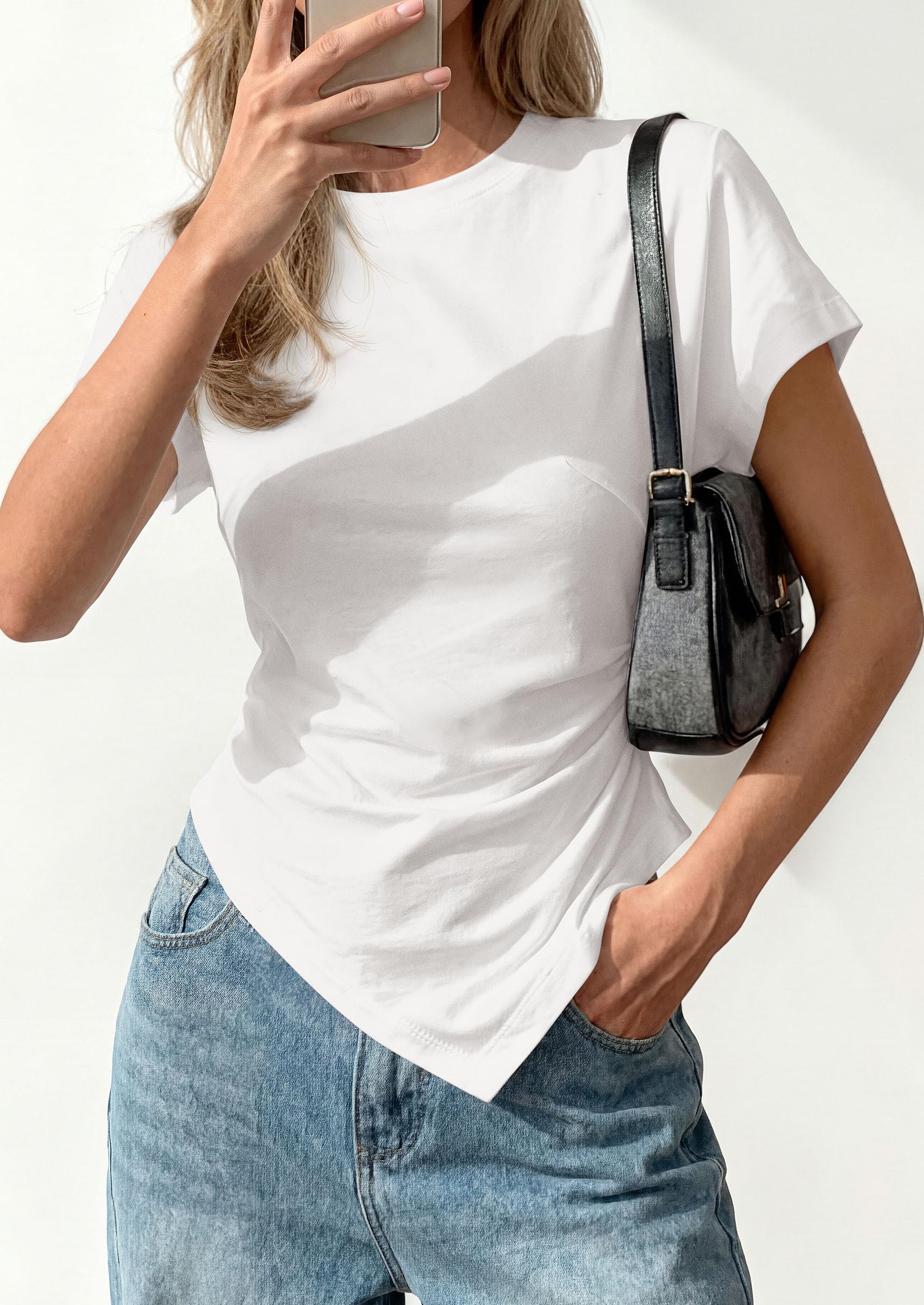 PRETTYGARDEN Womens Short Sleeve Crew Neck Trendy Shirts Spring Summer Y2K Going Out Tops Asymmetrical Ruched Blouse