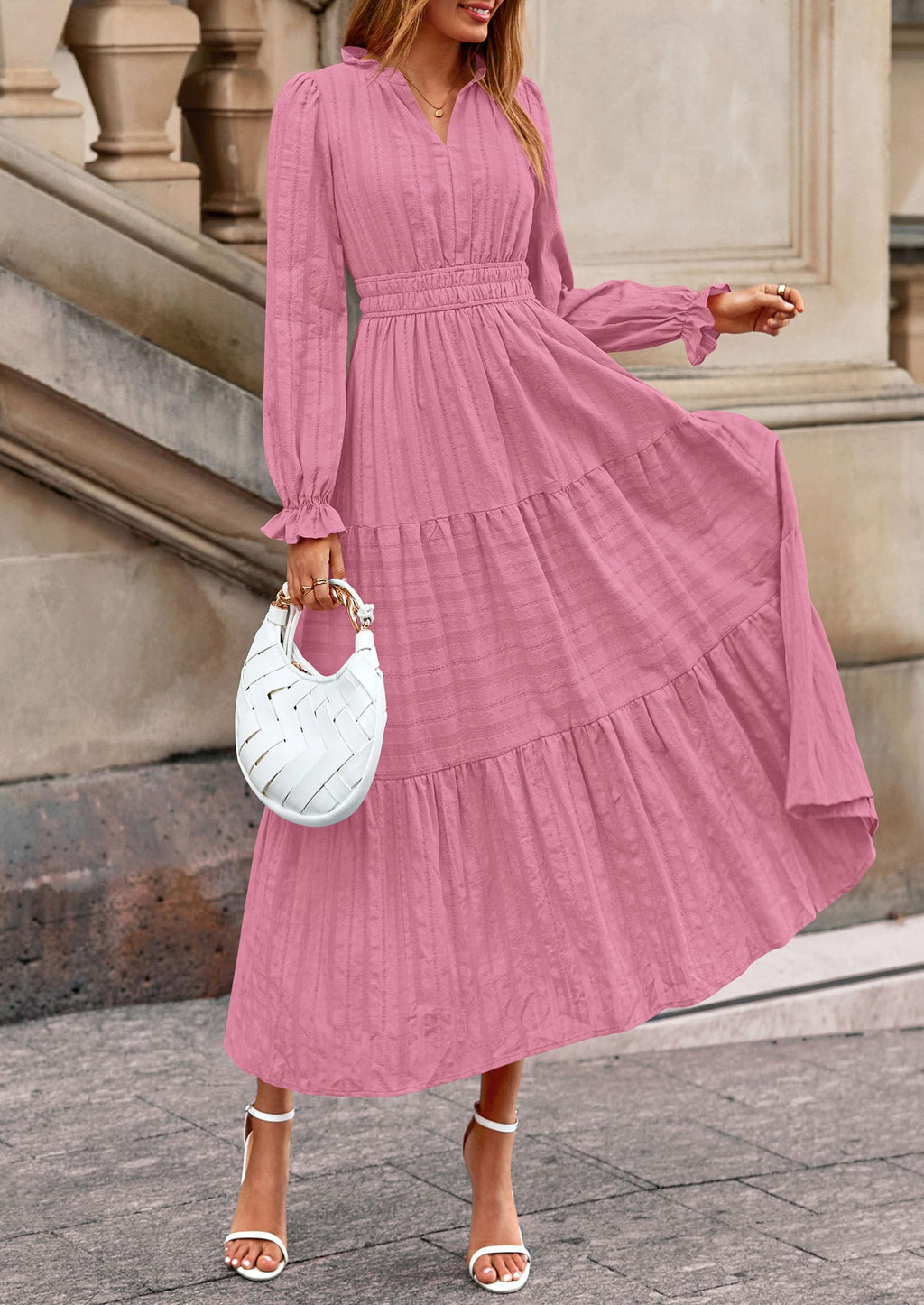 PRETTYGARDEN Women's Fall Wedding Guest Dresses Long Sleeve V Neck Flowy Elegant Holiday Party Maxi Dress with Pockets