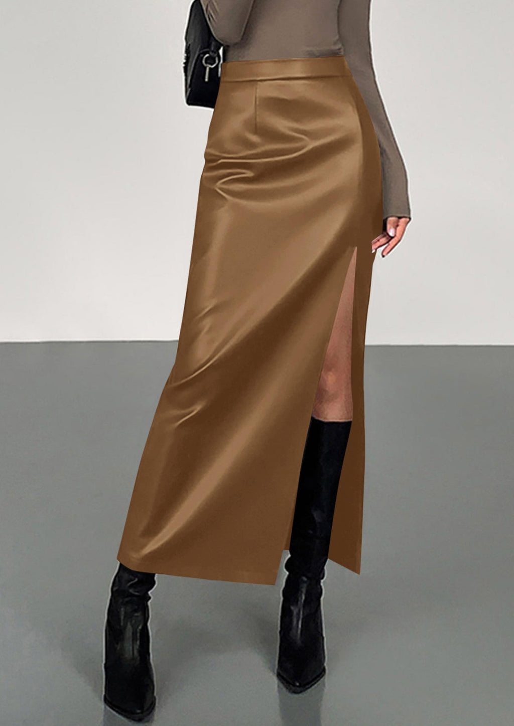 PRETTYGARDEN Womens Faux Leather Skirts Fall Fashion Bodycon High Waisted Slit Work Office Winter Maxi Long Pencil Skirt