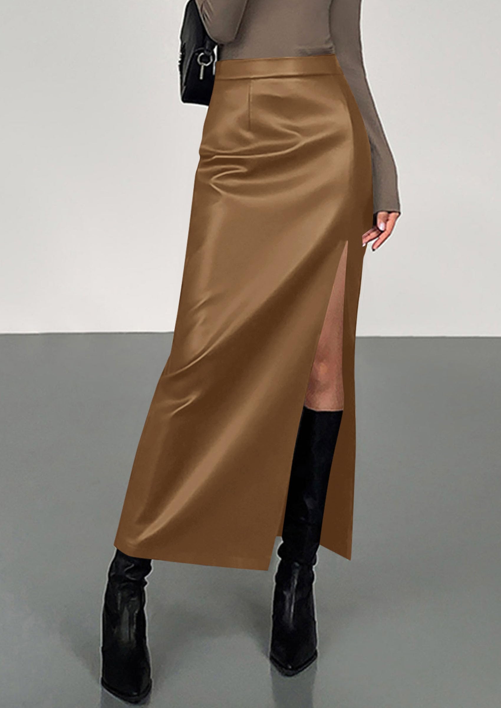 PRETTYGARDEN Womens Faux Leather Skirts Fall Fashion Bodycon High Waisted Slit Work Office Winter Maxi Long Pencil Skirt