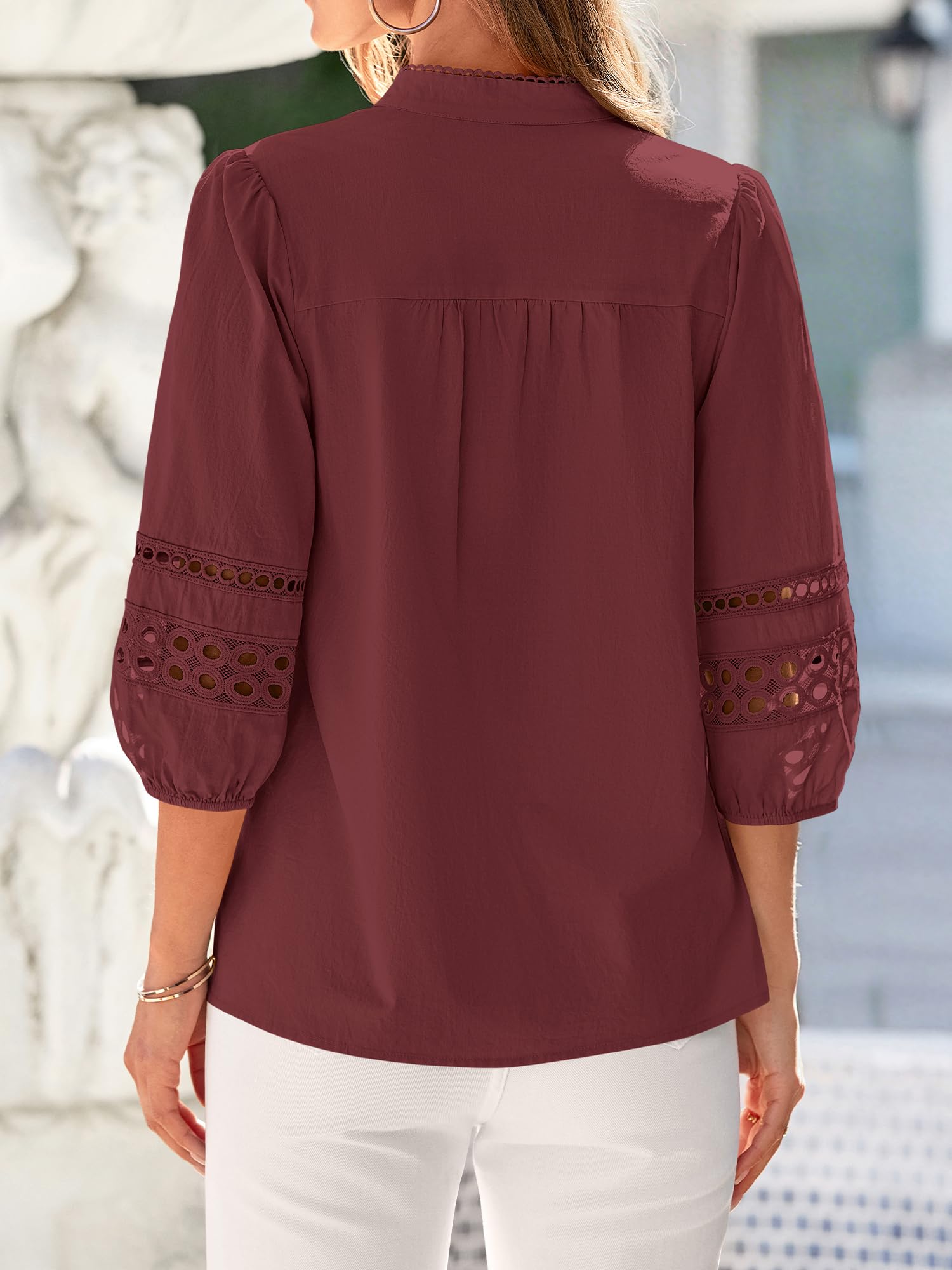 BTFBM 3/4 Length Sleeve Womens Tops Summer Blouses Eyelet Hollow Out Button Down Shirts Business Casual Outfits