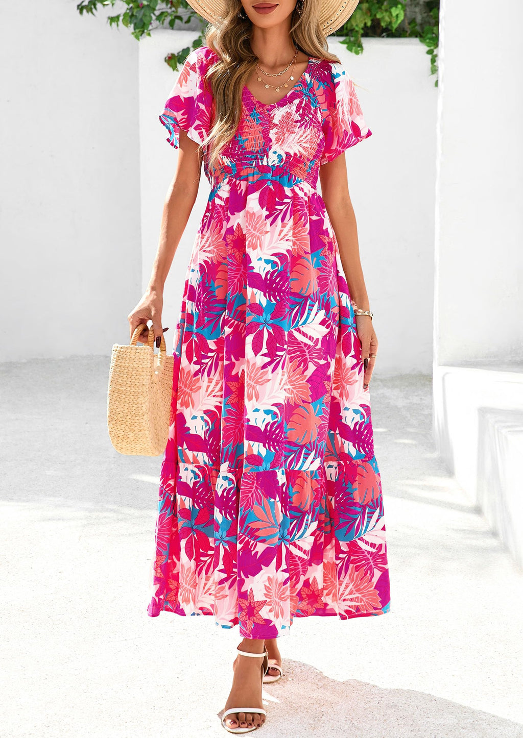 PRETTYGARDEN Boho Dresses for Women Summer Floral Short Sleeve V Neck Smocked Flowy Beach Vacation Maxi Dress