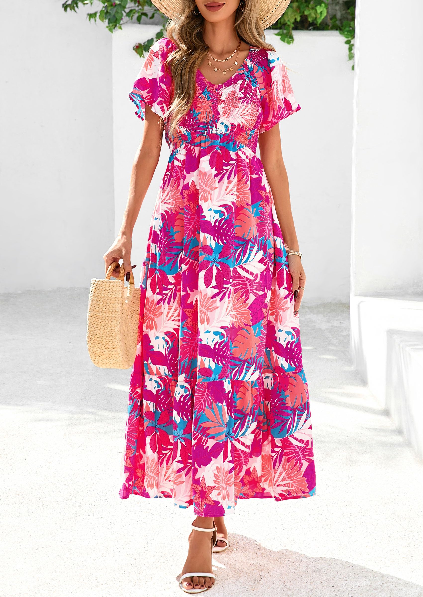 PRETTYGARDEN Boho Dresses for Women Summer Floral Short Sleeve V Neck Smocked Flowy Beach Vacation Maxi Dress