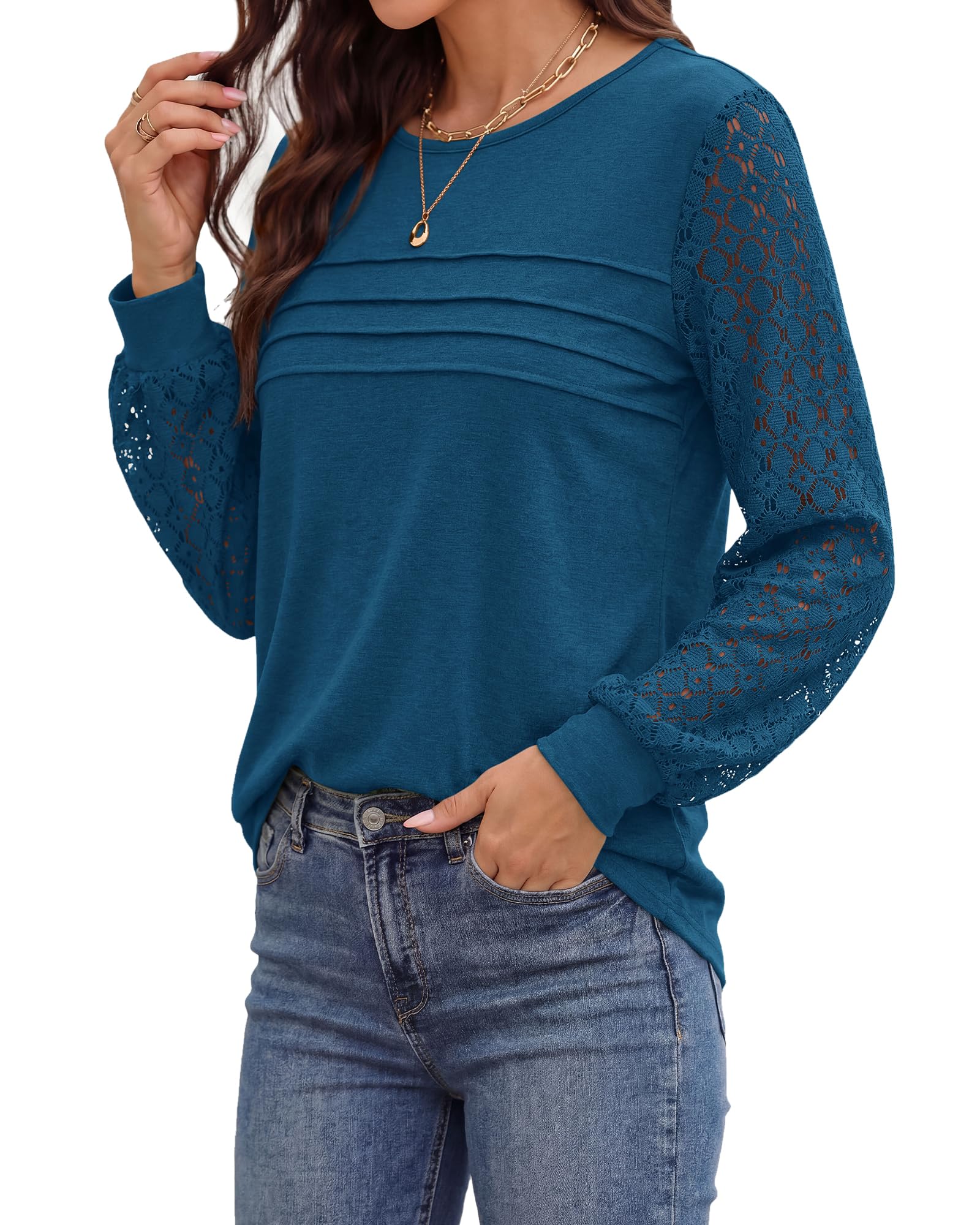 BTFBM Women's Long Sleeve Shirts Dressy Lace Fall Tops Trendy Business Casual T-Shirts Cute Work Outfits Blouses