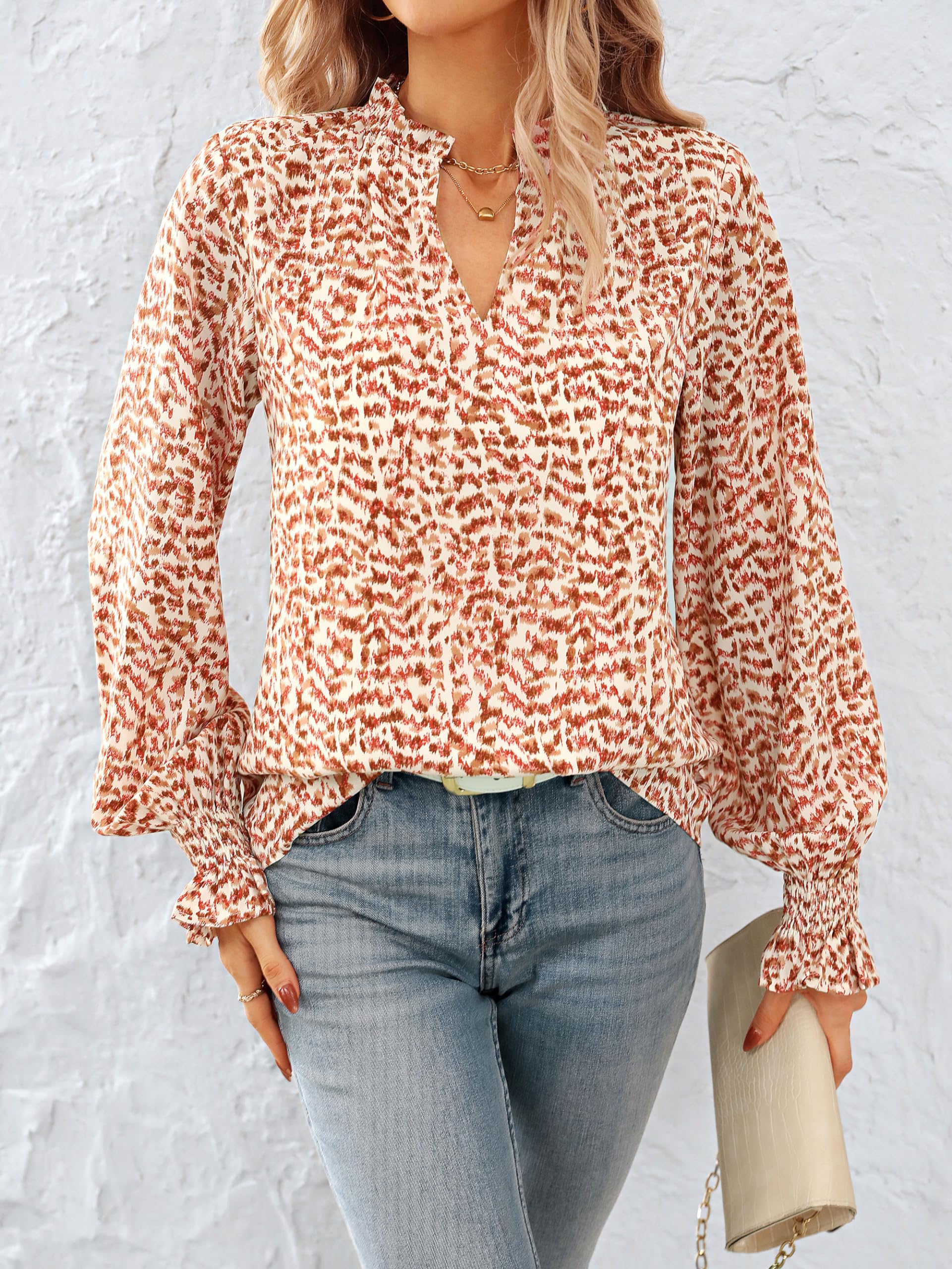 FreshPretty Womens V Neck Floral Long Sleeve Tops Summer Casual Loose Puff Sleeve Chiffon Boho Work Blouse Dressy T Shirts