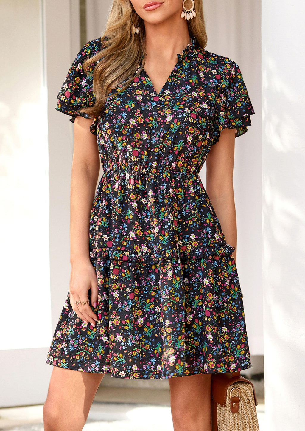 PRETTYGARDEN Womens Summer Floral Mini Dress  Trendy Ruffle Short Sleeve V Neck Flowy A Line Short Beach Dresses