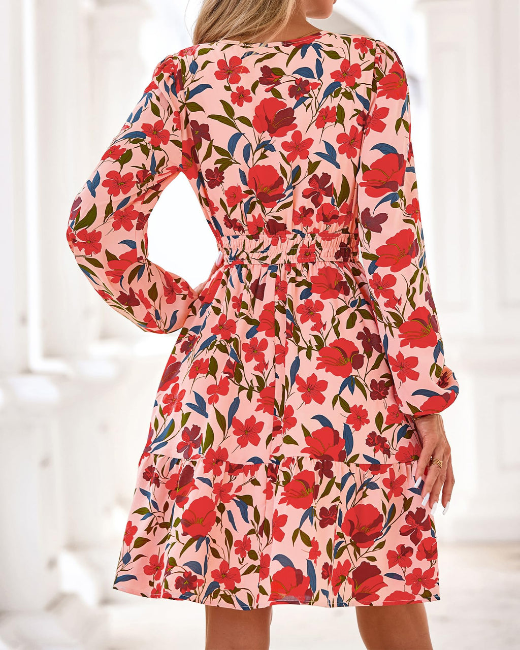 BTFBM Spring Dresses for Women Mini Long Sleeve Elastic Waist Summer Vacation Outfits Floral Wedding Guest Dress