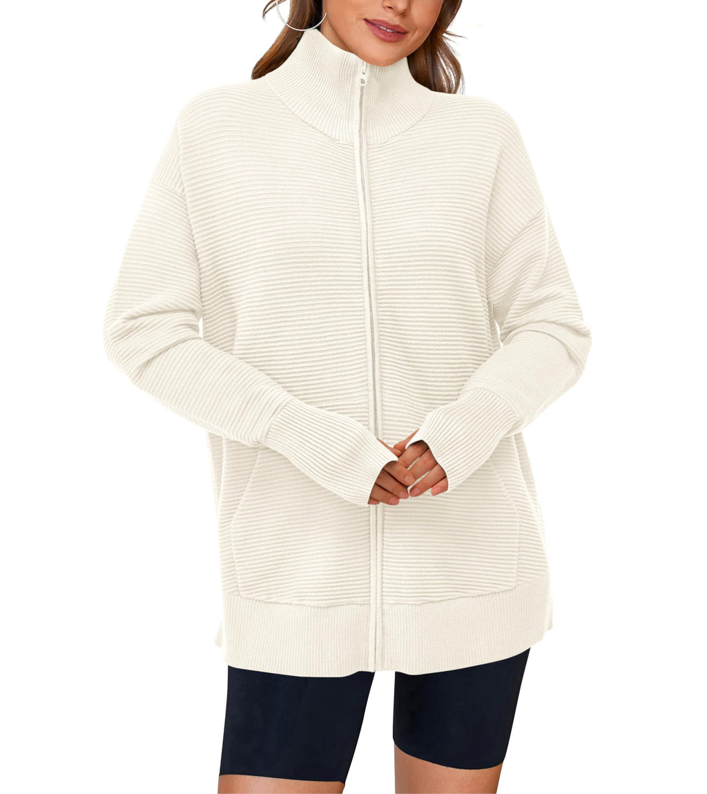 PRETTYGARDEN Womens Fall Long Sleeve Zip Up Cardigan Sweaters Casual Loose Collared Ribbed Knit Tops Jackets Thumb Hole