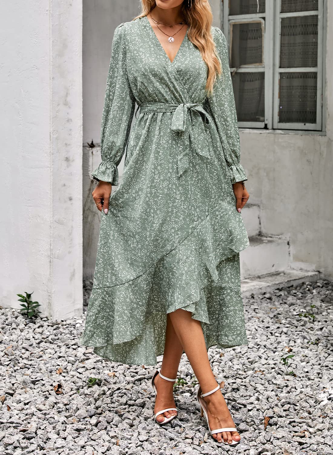 BTFBM Womens Dresses Summer V Neck Floral High Waist Ruffle Wedding Guest Cocktail Boho Spring Long Sleeve Dress