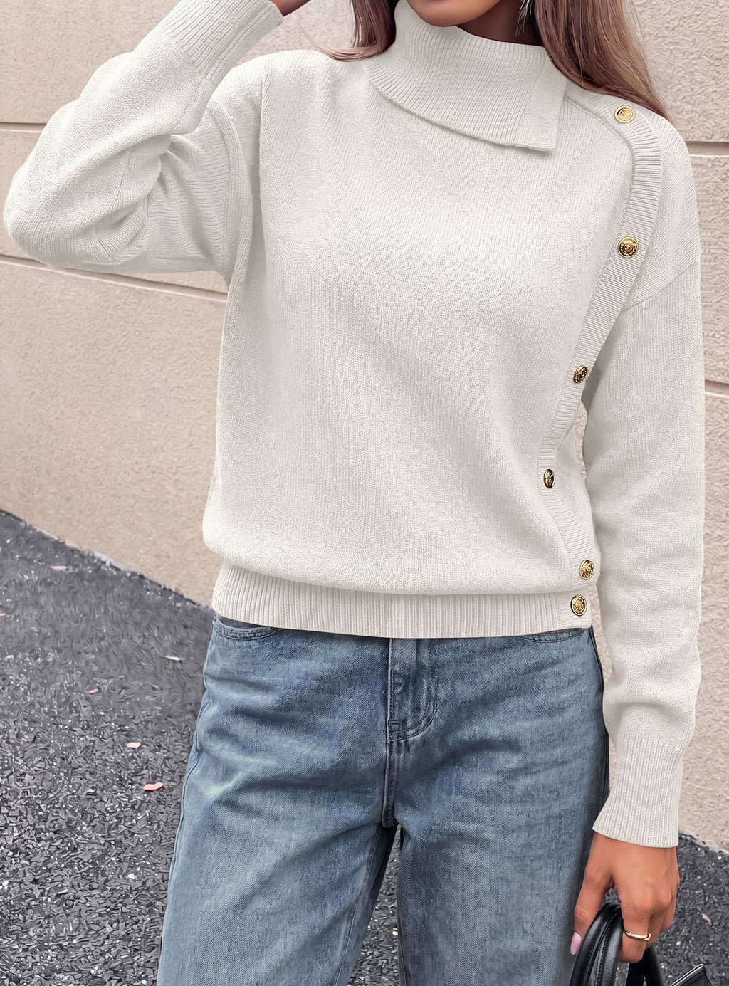 PRETTYGARDEN Womens Turtleneck Sweater Pullover Side Button Fall Clothes Stretchy Knit,Dropped Shoulder,Ribbed Cuffs,Asymmetrical,Jumper Long Sleeve Tops,Work Offices