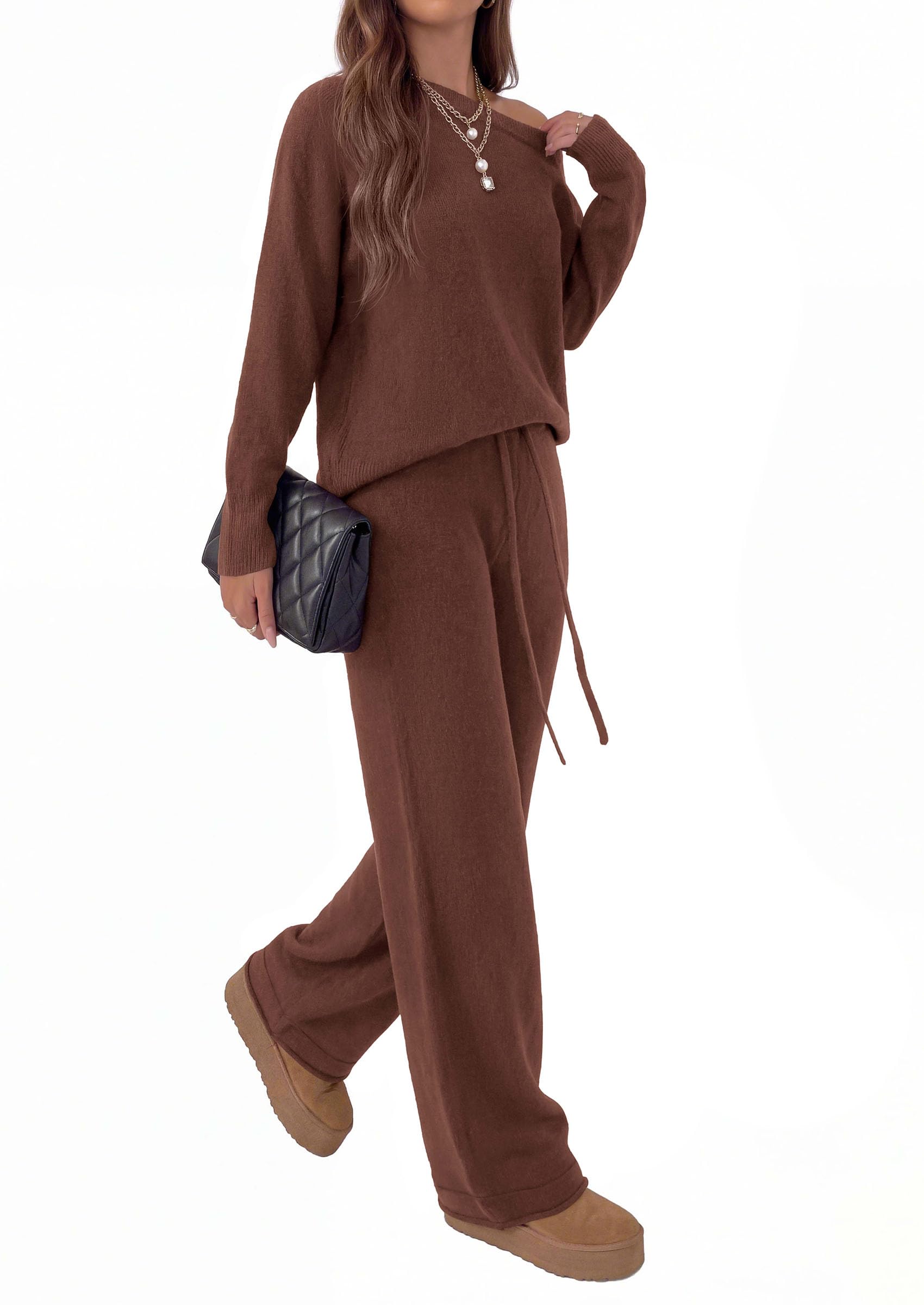 PRETTYGARDEN Lounge Sets Womens Sweaters Two Piece Outfits Cozy Boat Neck Long Sleeve Tops, Wide Leg Pants with Drawstring, Casual Fall Fashion Airport & Travel, Knit Matching Set