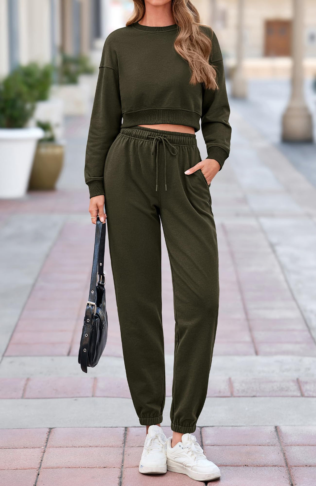 BTFBM Women 2 Piece Outfits Long Sleeve Crop Top Pullover Drawstring Pant Jogger Set Casual Sweatsuits Tracksuit Pockets