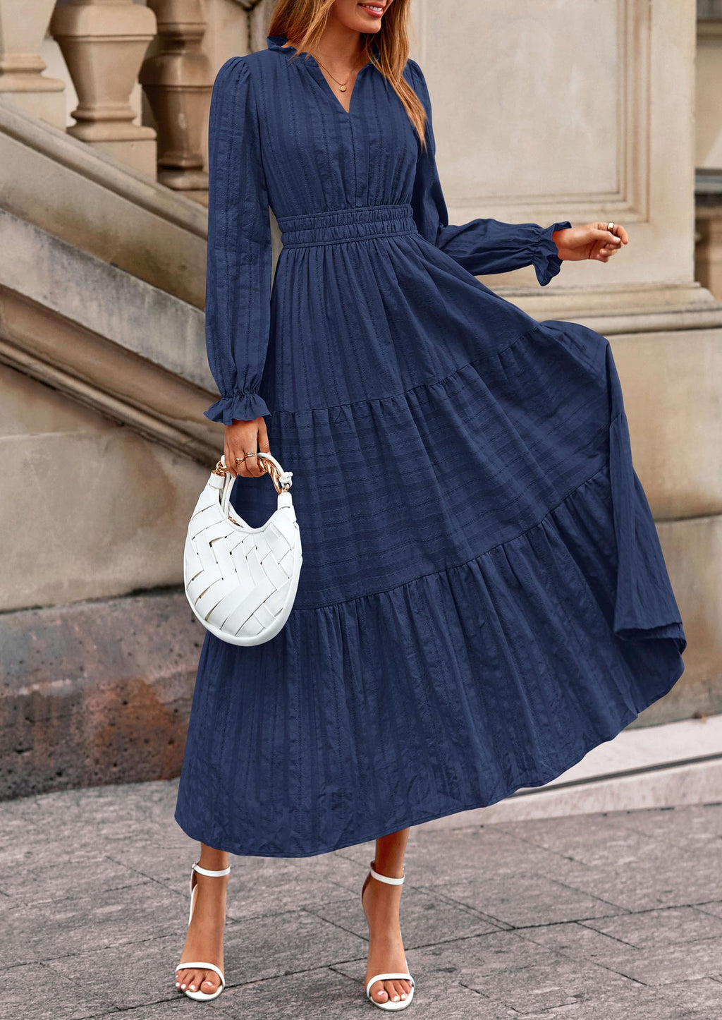 PRETTYGARDEN Women's Fall Wedding Guest Dresses Long Sleeve V Neck Flowy Elegant Holiday Party Maxi Dress with Pockets