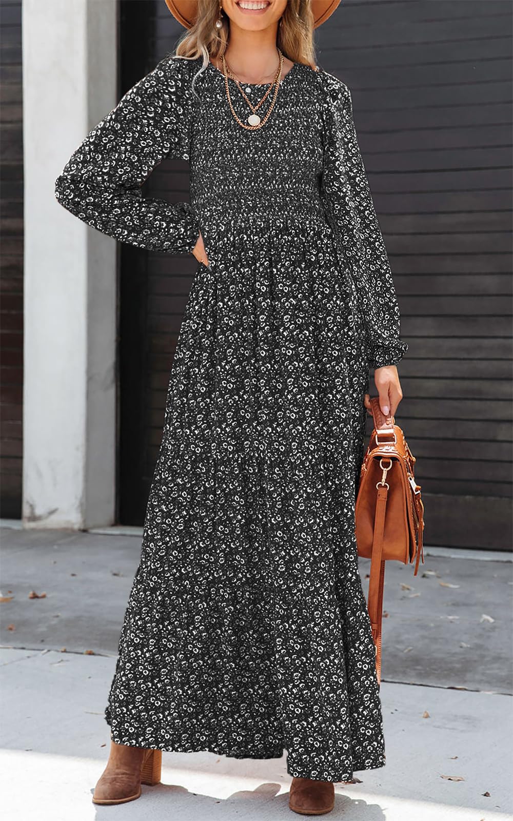 PRETTYGARDEN Women's Fall Dresses Long Sleeve Flowy Casual Floral Maxi Dress Crew Neck Smocked Tiered Long Dress