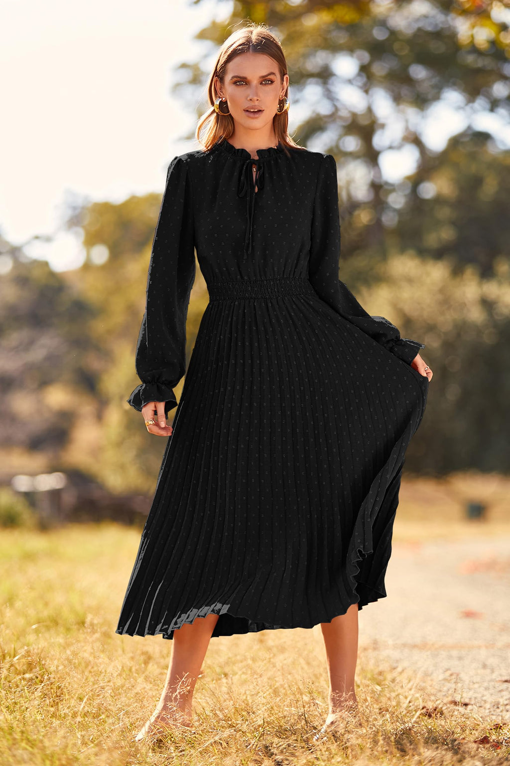 PRETTYGARDEN Women's Spring Fall Midi Dress Casual Long Sleeve V Neck Swiss Dot Pleated A Line Flowy Dresses