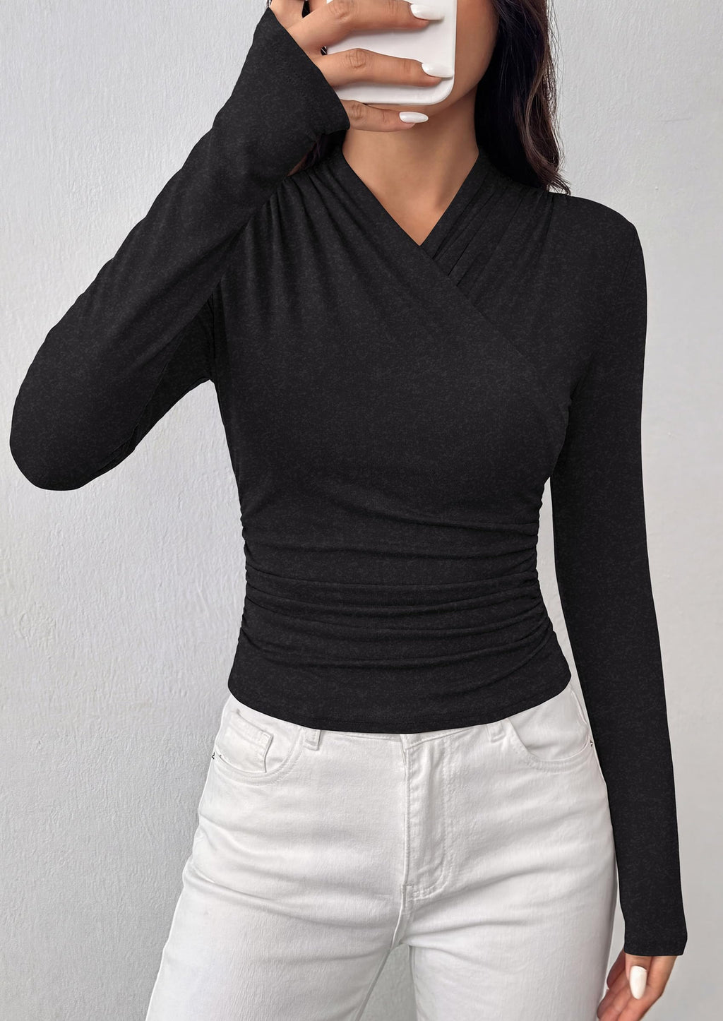 PRETTYGARDEN Womens Long Sleeve Shirts Going Out Wrap Top | Soft Heathered Stretchy Viscose Fitted Blouse, V Neck Ruched Waist Dressy Tops, Office Business Casual Fall Winter Daily Wear