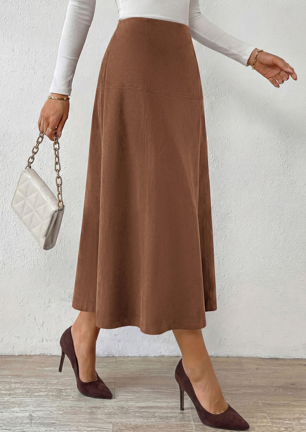 PRETTYGARDEN Womens High Waist Faux Suede A Line Midi Skirt | Hidden Stretch Elastic Waist, Front Back Panel Stitching, Vintage Elegant Mid-Calf Long Skirts for Fall Winter Office Daily