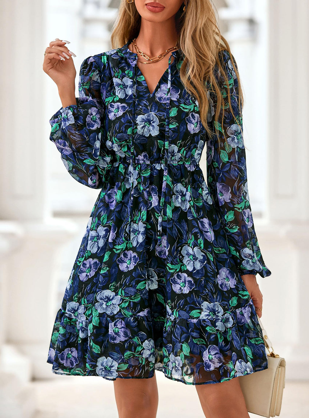 PRETTYGARDEN Women's Fall Boho Dresses  Floral Long Sleeve V Neck Mini Flowy Wedding Guest Dress Trendy Vacation Outfits