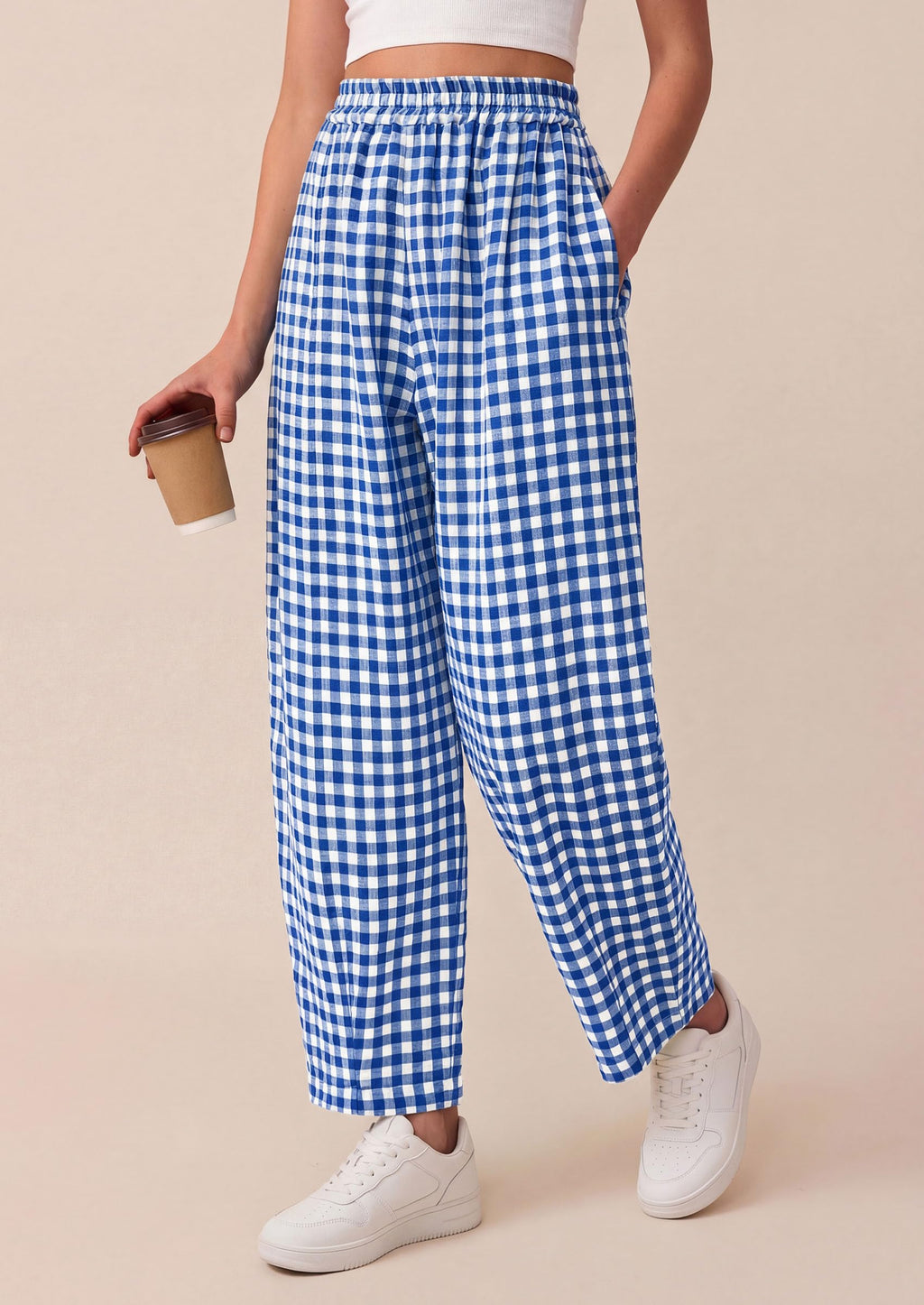 PRETTYGARDEN Plaid Barrel Pants Women Summer Casual Loose Wide Leg Lounge Gingham Trousers Spring Fashion Beach Bottoms