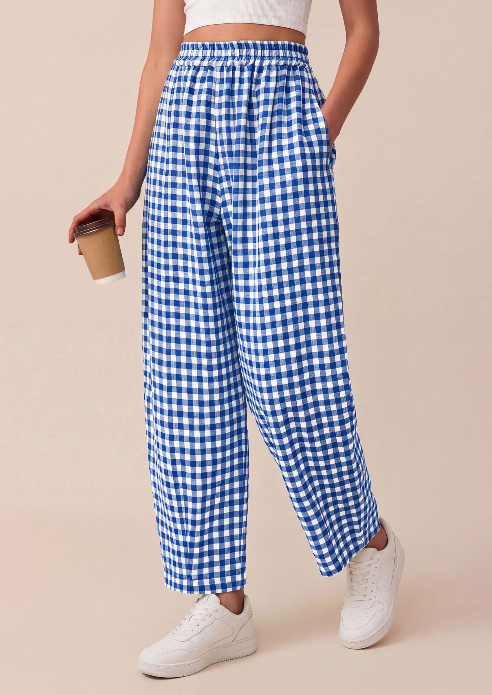 PRETTYGARDEN Plaid Barrel Pants Women Summer Casual Loose Wide Leg Lounge Gingham Trousers Spring Fashion Beach Bottoms