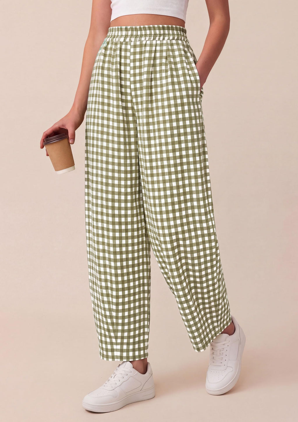 PRETTYGARDEN Plaid Barrel Pants Women Summer Casual Loose Wide Leg Lounge Gingham Trousers Spring Fashion Beach Bottoms