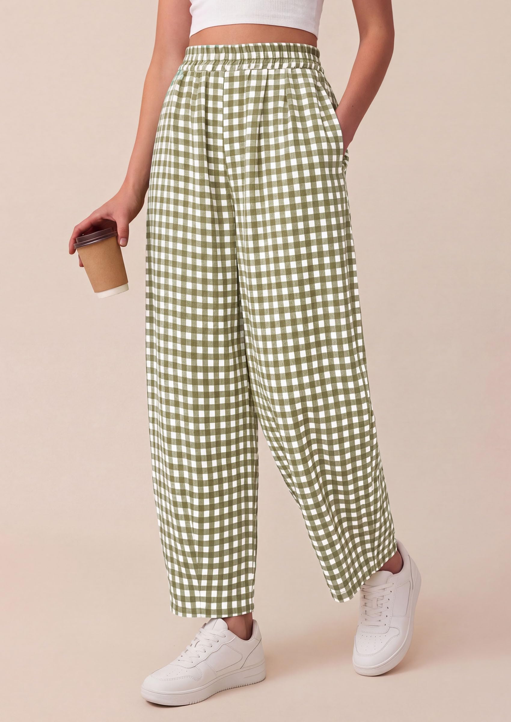 PRETTYGARDEN Plaid Barrel Pants Women Summer Casual Loose Wide Leg Lounge Gingham Trousers Spring Fashion Beach Bottoms