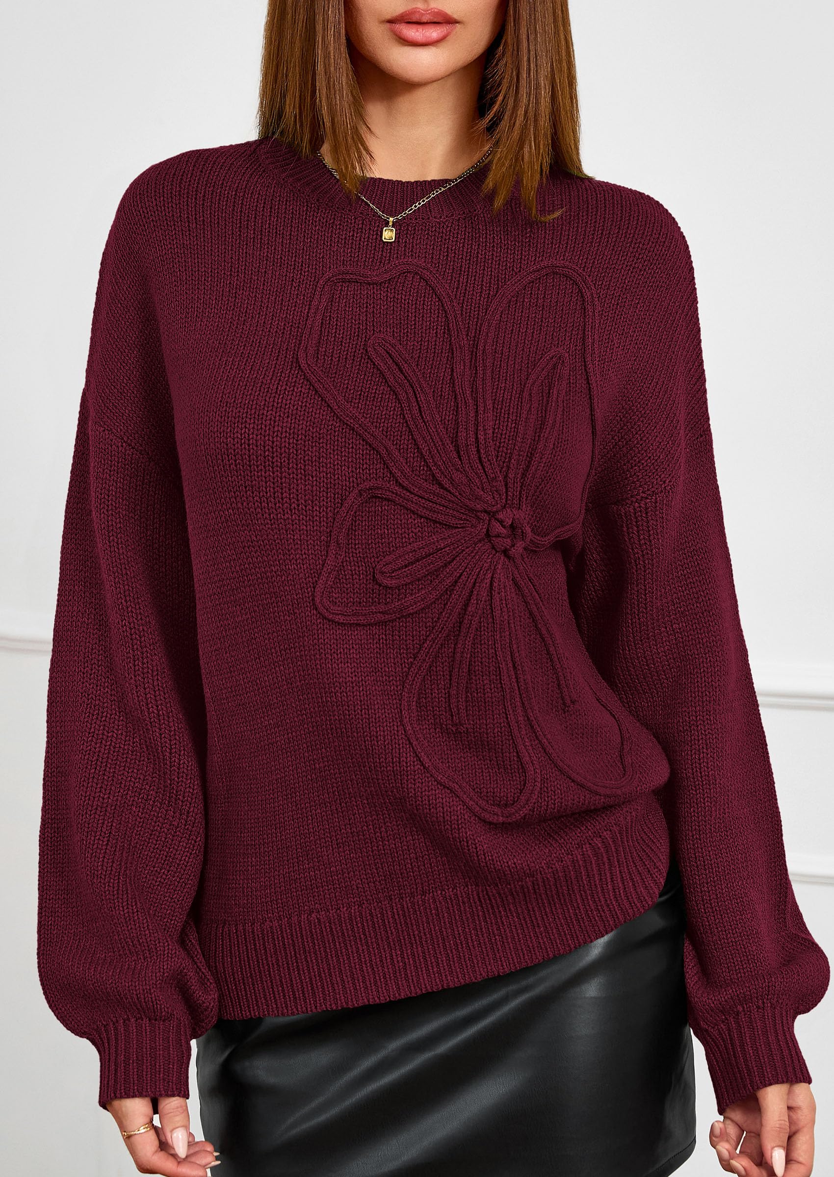 PRETTYGARDEN Womens Sweaters  Fall Fashion Long Sleeve Crewneck Floral Knit Pullover Sweater Tops Winter Clothes