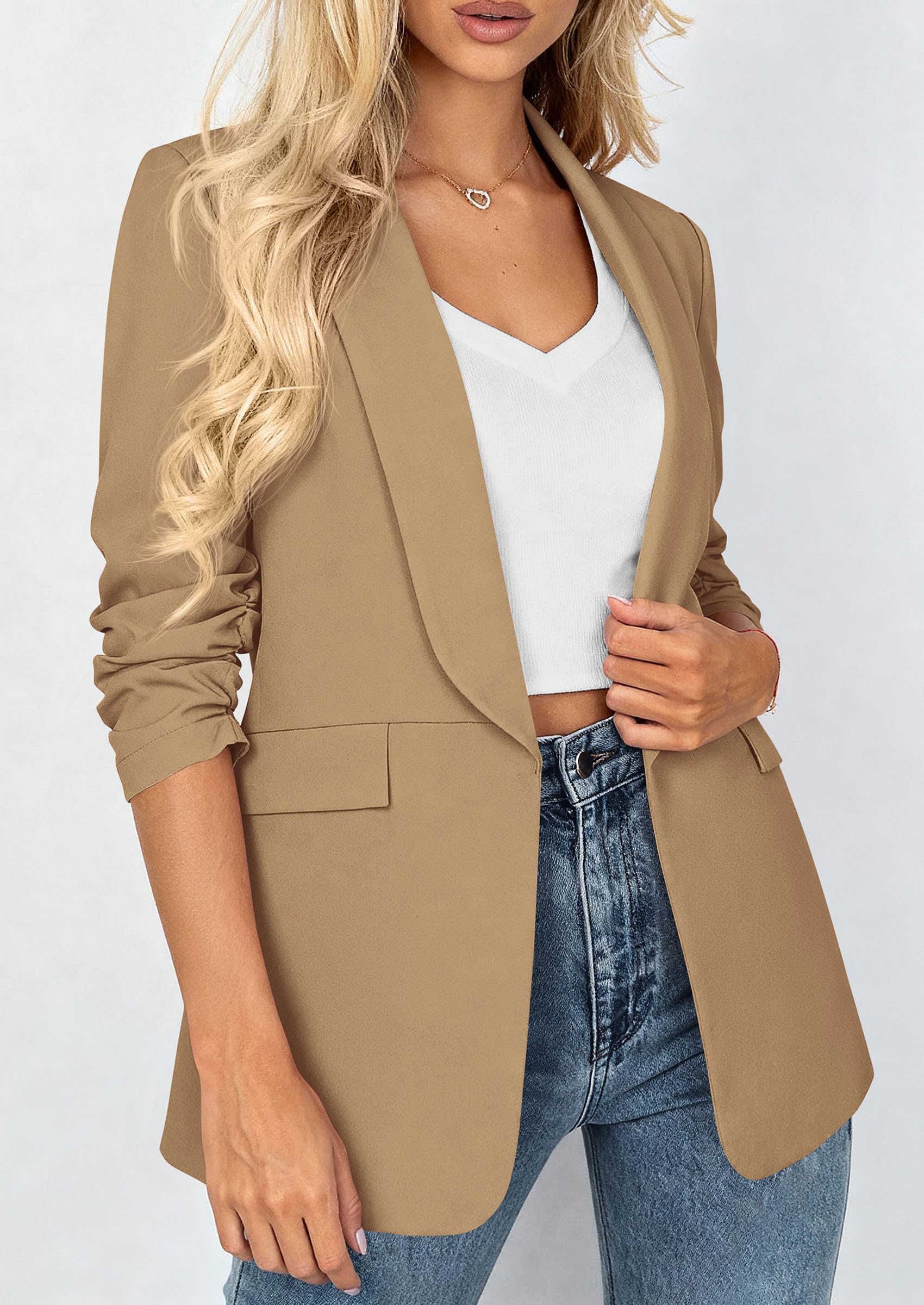 PRETTYGARDEN Women's Summer Blazers Business Casual Outfits | Ruched 3/4 Sleeve,Shawl Lapel,Collared Open Front,Padded Shoulder,Lightweight Jackets,Office Work Suits,Spring Fall Clothes
