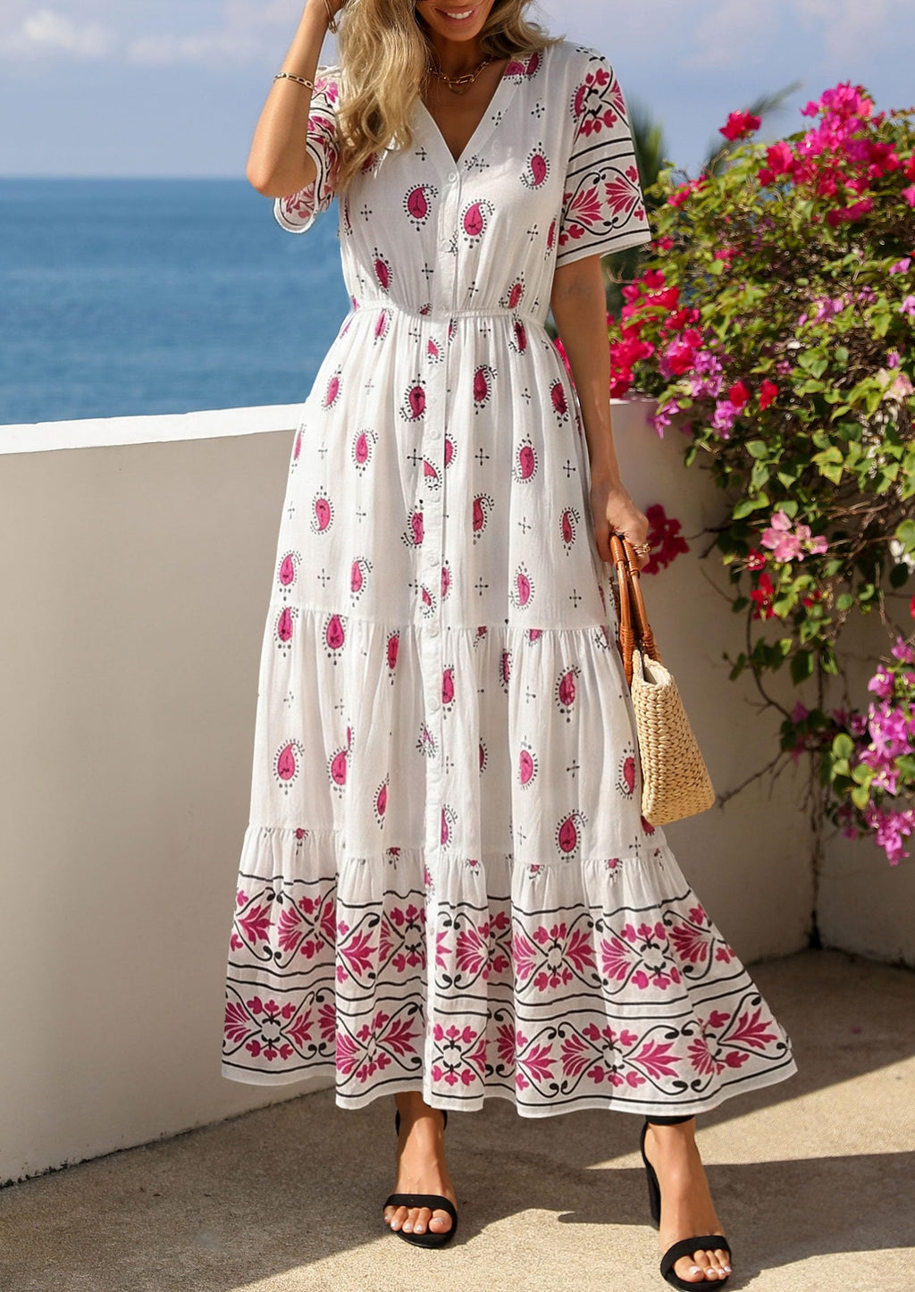 PRETTYGARDEN Womens Summer Boho Maxi Dress Trendy Short Sleeve V Neck Flowy Beach Floral Dresses with Pockets